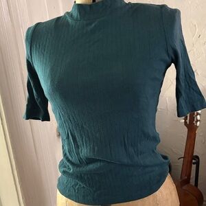 Uniqlo Teal Ribbed Mock Neck Short Sleeve Top